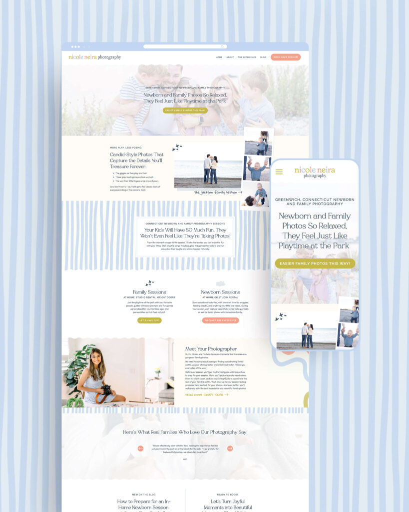 Website design for Nicole Neira photography on blue stripe background