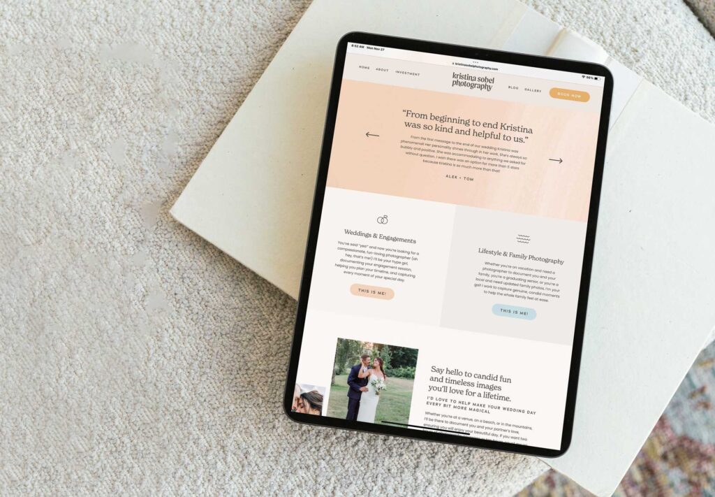 ipad on couch showing pink and coastal website services page for photographer