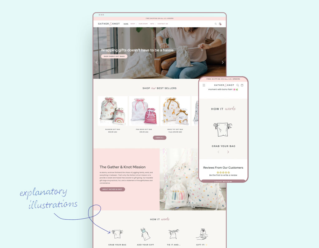 gather and knot website page mockup showing illustrations