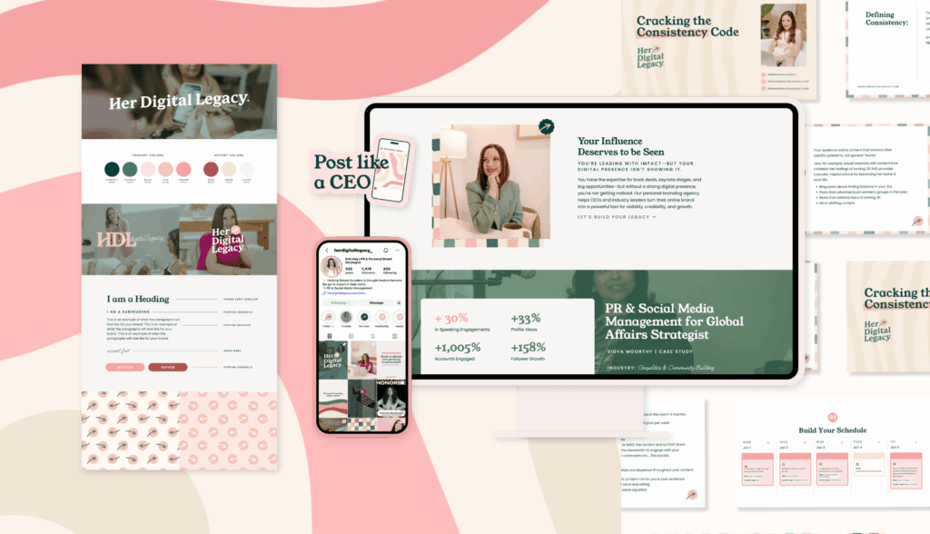bright pink and green patterns shown on brand style board, instagram profile, website, sticker, and presentation design