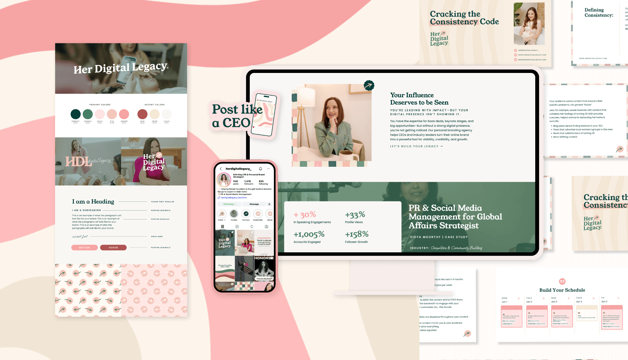 bright pink and green patterns shown on brand style board, instagram profile, website, sticker, and presentation design