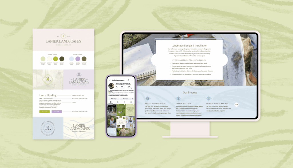 brand patterns for Lanier Landscapes shown on brand style board, instagram profile, and website
