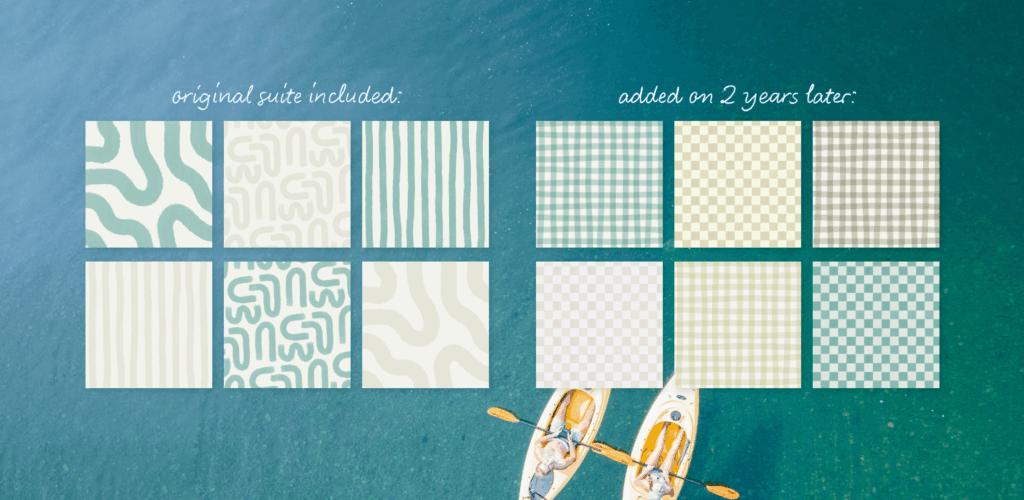Water Camp brand patterns suite shown with add on's added a year later to expand pattern suite