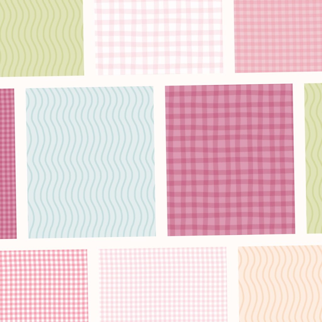Gingham and squiggle line textures in pink, blue, cream, and green