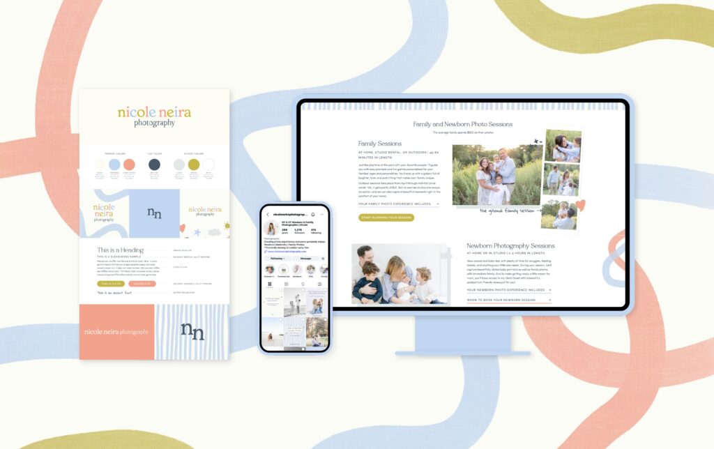 Website, brand board, and social media showing colorful branding elements