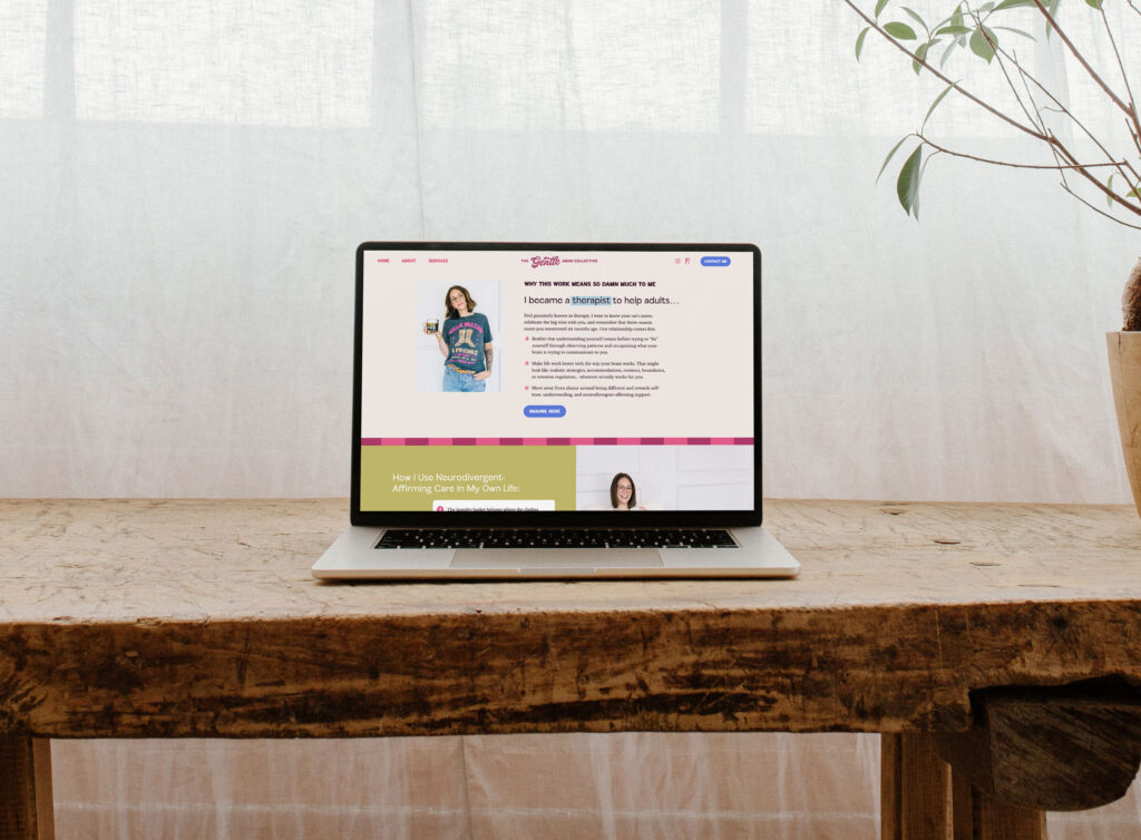 website design for Gentle ADHD Collective, laptop sitting on bench in brightly lit room