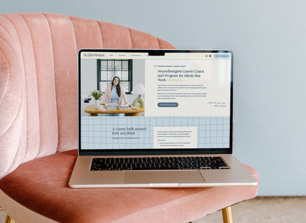My Fiero Moment website mockup on laptop sitting on pink velvet chair