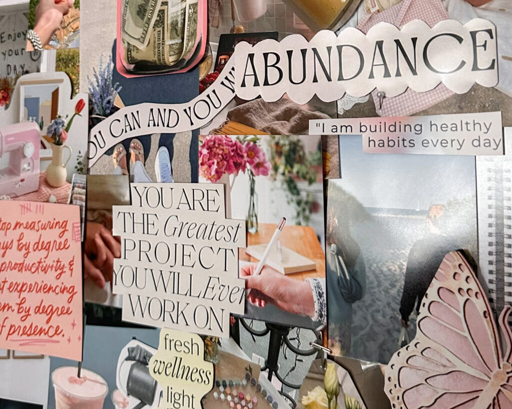 Collage of aesthetic girly photos and quotes creating a vision board