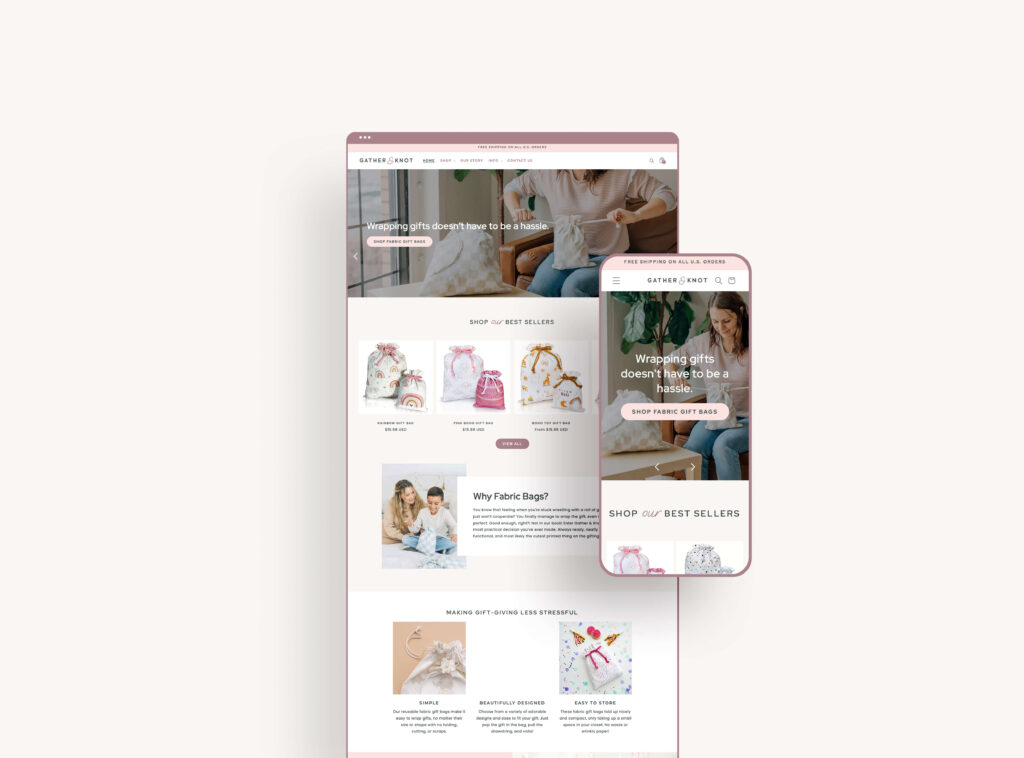 Website design for Gather and knot fabric gift bags example of Shopify website for when deciding between Showit vs Shopify