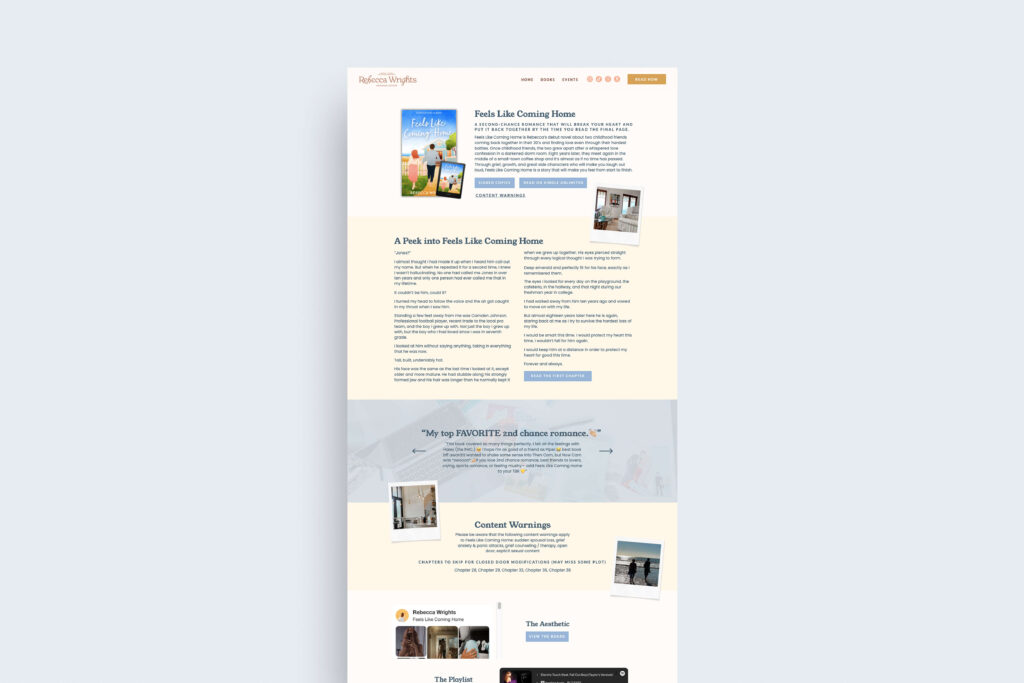 website design for Feels Like Coming Home book by Rebecca Wrights
