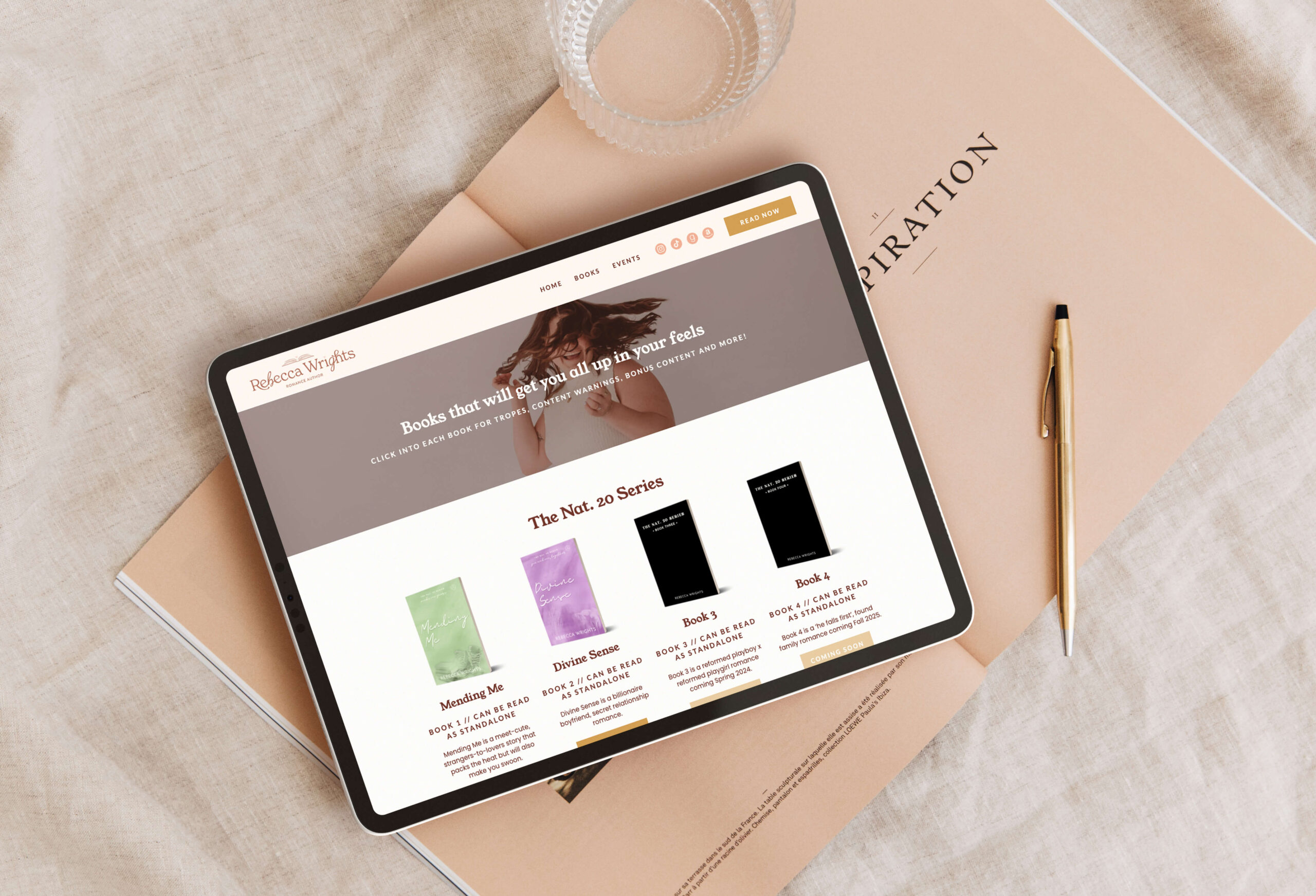 Website design for author showing her library of books on pink background