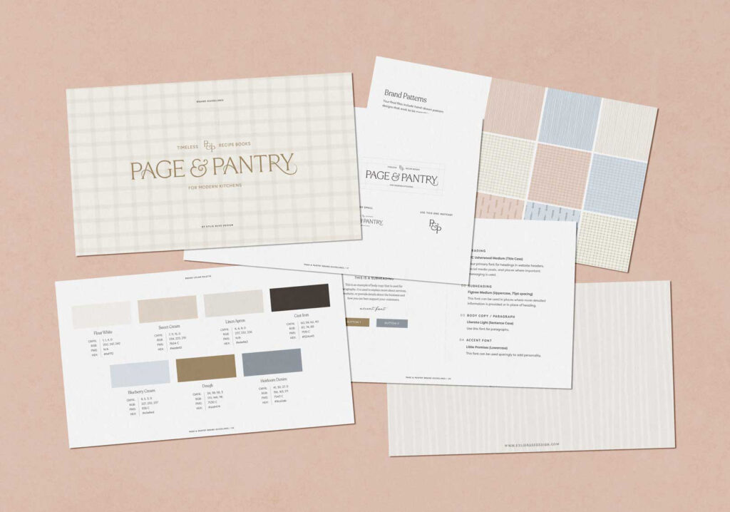 Whimsical design style brand guidelines document papers on pink background for Page and Pantry recipe books