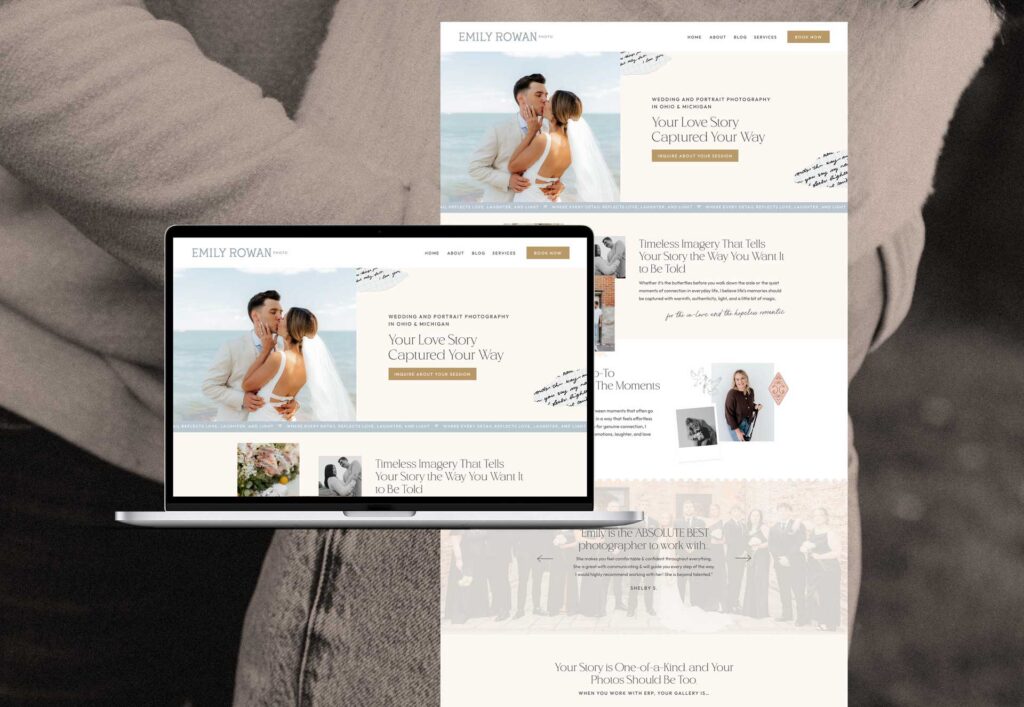 neutral, clean, blue, cream home page small business website design for Emily Rowan Photography wedding photographer